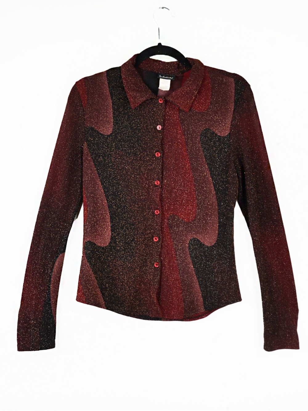 Vintage 90s Seduction Red Lurex Metallic Swirl Button Up Blouse Vampy Y2K Top